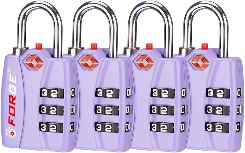 Forge Luggage Locks TSA Approved 4 Pack Purple, Small Combination Lock with Zinc Alloy Body, Open Alert, Easy Read Dials, for Travel Suitcase, Bag, Backpack, Lockers. - Image 1